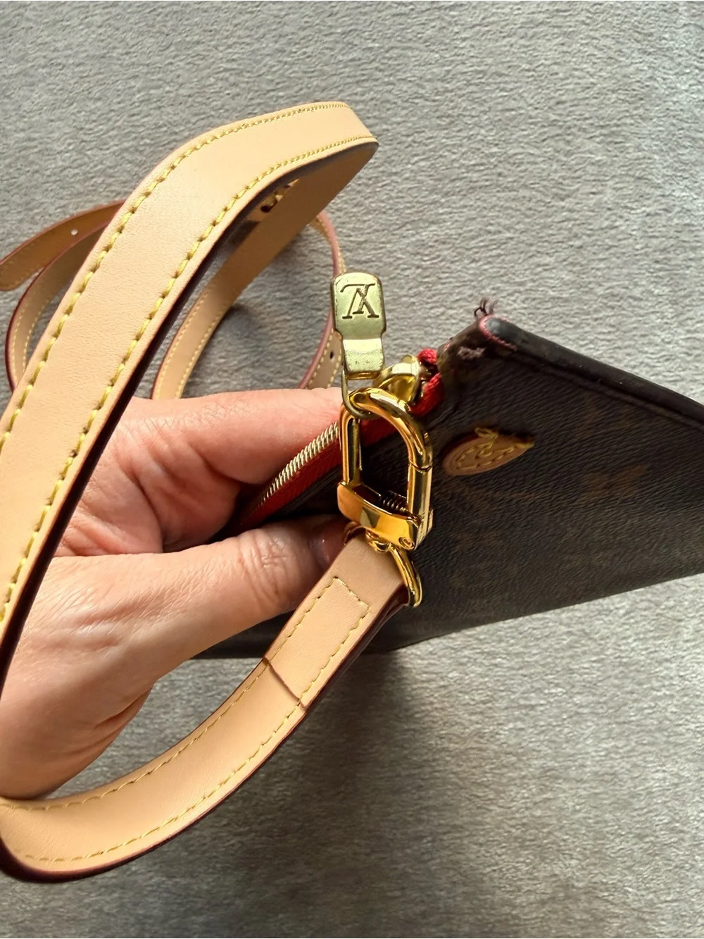 Louis Vuitton Monogram Neverfull Pouch in Brown with Red Trim Authentic